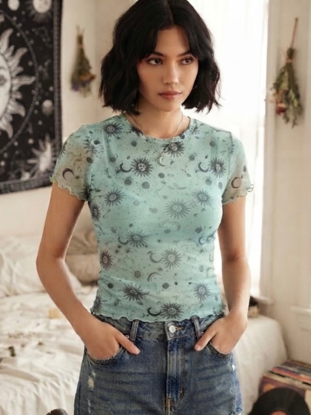 Harper & Ivy Sheer Mesh Short Sleeve Top Whimsygoth Women's XS Celestial Y2K
